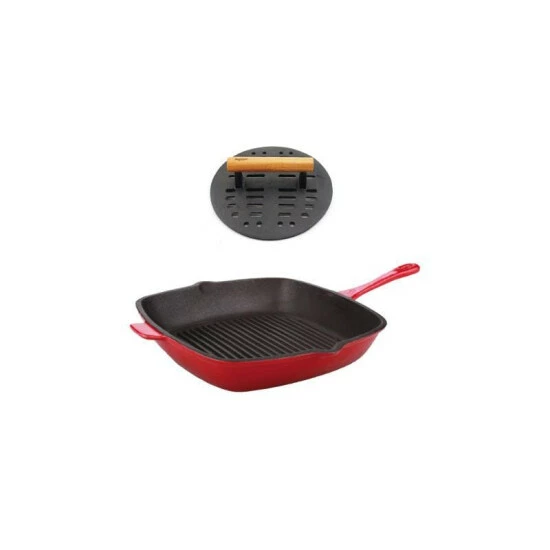 BergHOFF Neo 2Pc Cast Iron Set, 11" Grill Pan & With Slotted Steak Press Red Cookware 3 BergHOFF Neo 2Pc Cast Iron Set, 11" Grill Pan & With Slotted Steak Press Red Cookware