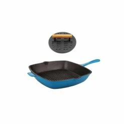 BergHOFF Neo 2Pc Cast Iron Set, 11" Grill Pan & With Slotted Steak Press - Blue Cookware
