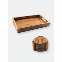 BergHOFF Bamboo 8Pc Bar Set: 7Pc Coaster Set & 12" Tray Decorative Accents
