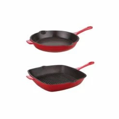 BergHOFF Neo 2pc Cast Iron Set, 10" Fry Pan & 11" Grill Pan - Red Pots & Pans