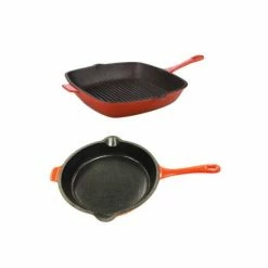 BergHOFF Neo 2pc Cast Iron Set, 10" Fry Pan & 11" Grill Pan - Orange Cookware