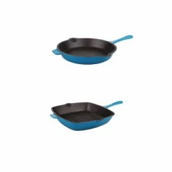 BergHOFF Neo 2pc Cast Iron Set, 10" Fry Pan & 11" Grill Pan Set - Blue Cookware