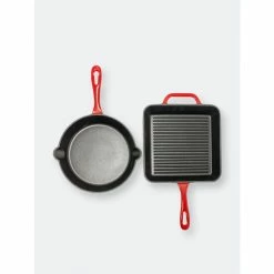 BergHOFF 2Pc Enamel Cast Iron 10" Fry Pan & 10" Grill Pan Set, Red Pots & Pans