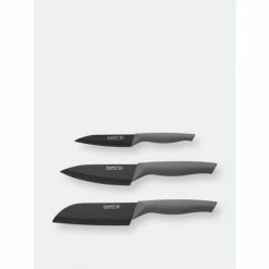 BergHOFF Essentials Ergo 3Pc Stainless Steel Knife Set With Sleeves: 4" Paring, 5" Chef & 5.5" Santoku Knives & Cutting Boards