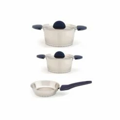 BergHOFF Stacca 5pc Stainless Steel Cookware Set, 6.25 Covered Casserole, 8" Covered Casserole, & 8" Fry Pan - Blue