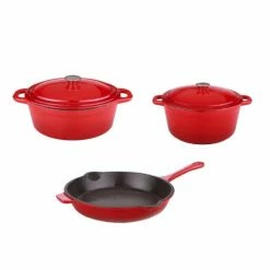 BergHOFF Neo 5Pc Cast Iron Set, 5Qt Covered Dutch Oven, 8Qt Covered Dutch Oven, & 10" Fry Pan - Red Cookware