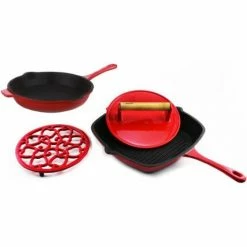 BergHOFF Cast Iron Set 4pc Red (10" Fry Pan, 11" Grill Pan, Steak Press, Apple Trivet) Cookware