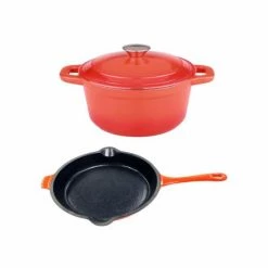 BergHOFF Neo 3pc Cast Iron Set, 3qt Covered Dutch Oven & 10" Fry Pan - Orange Cookware