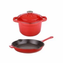 BergHOFF Neo 3pc Cast Iron Set, 3qt Covered Dutch Oven & 10" Fry Pan - Red Cookware
