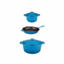 BergHOFF Neo Cast Iron Set 5pc Blue (3qt Cast Iron Covered Stockpot, 5qt Cast Iron Covered Dutch Oven, 10" Cast Iron Fry Pan) Cookware