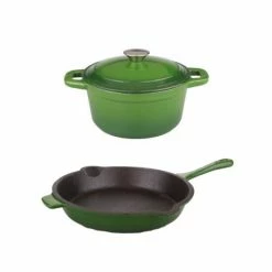 BergHOFF Neo 3Pc Cast Iron Cookware Set, 3Qt Covered Dutch Oven & 10" Fry Pan Green