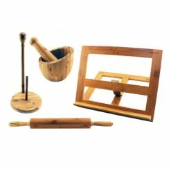BergHOFF Bamboo Kitchen Set 4pc (Cook Book Holder, Garlic Bowl, Paper Towel Holder, & Rolling Pin) Tools & Accessories